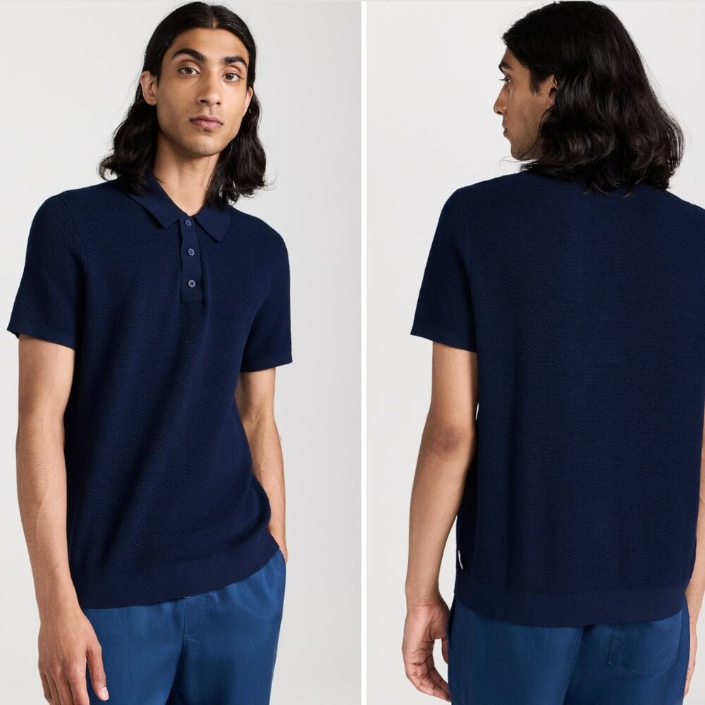 Onia 100% Cotton Textured Knit Polo - Navy Blue - Size Large
